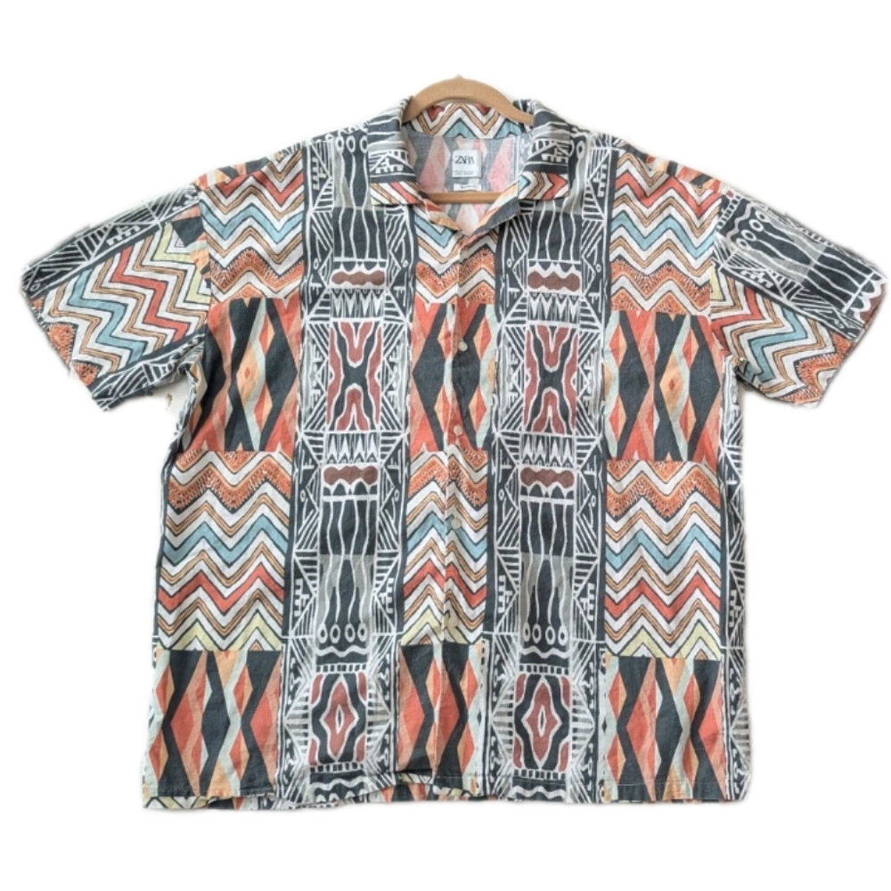 Zara Abstract Print Short Sleeve Regular Fit Mens Button Up Shirt Size XL